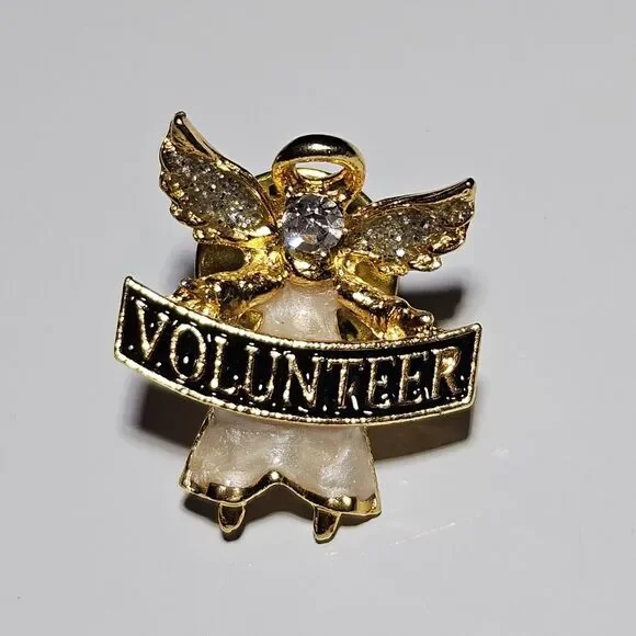 Volunteer Angel Ribbon Rhinestones Pin Gold Tone Lapel Enamel Collectible - Picture 9 of 9